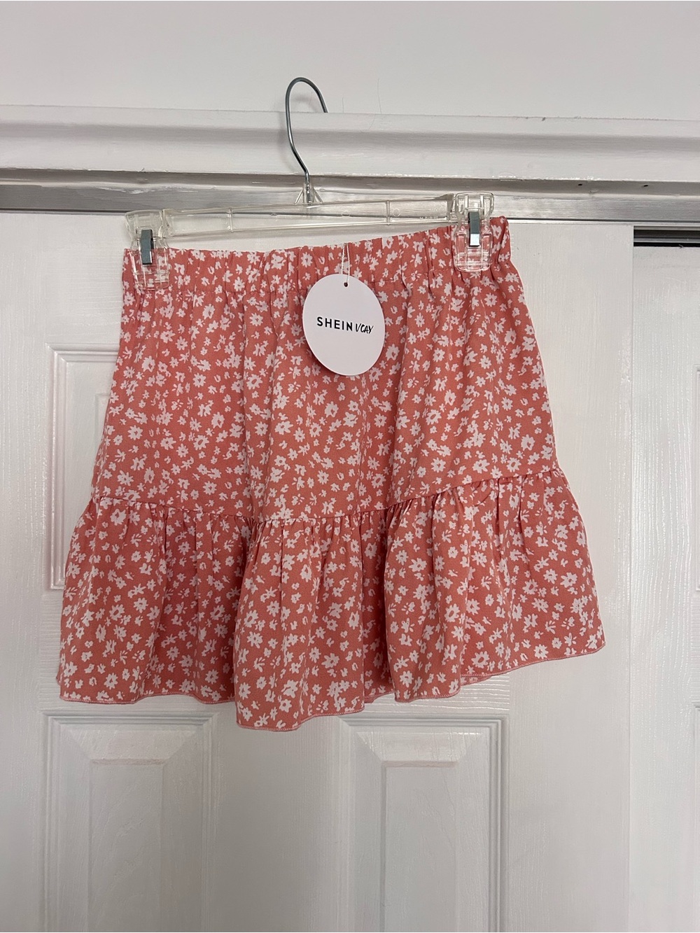 SHEIN Coral Pink Floral Ruffle Mini Skirt